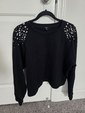 Express Black Embellished Shoulder Fleece Sweatshirt